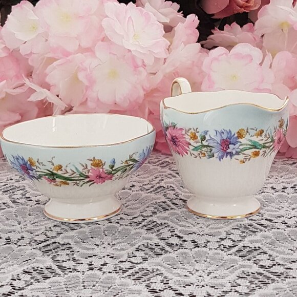 EB Foley Cornflower Blue Bone China Sugar Bowl and Milk Jug Set Pink Blue Flower - Picture 5 of 10